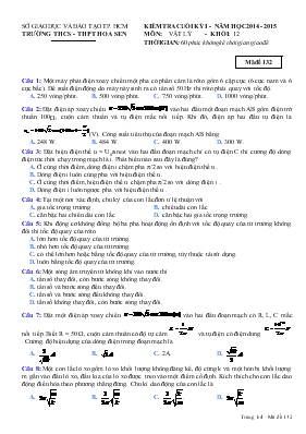 Kiểm tra cuối kỳ I - Năm học 2014 - 2015 môn Vật lý - Khối 12 thời gian 60 phút, không kể thời gian giao đề